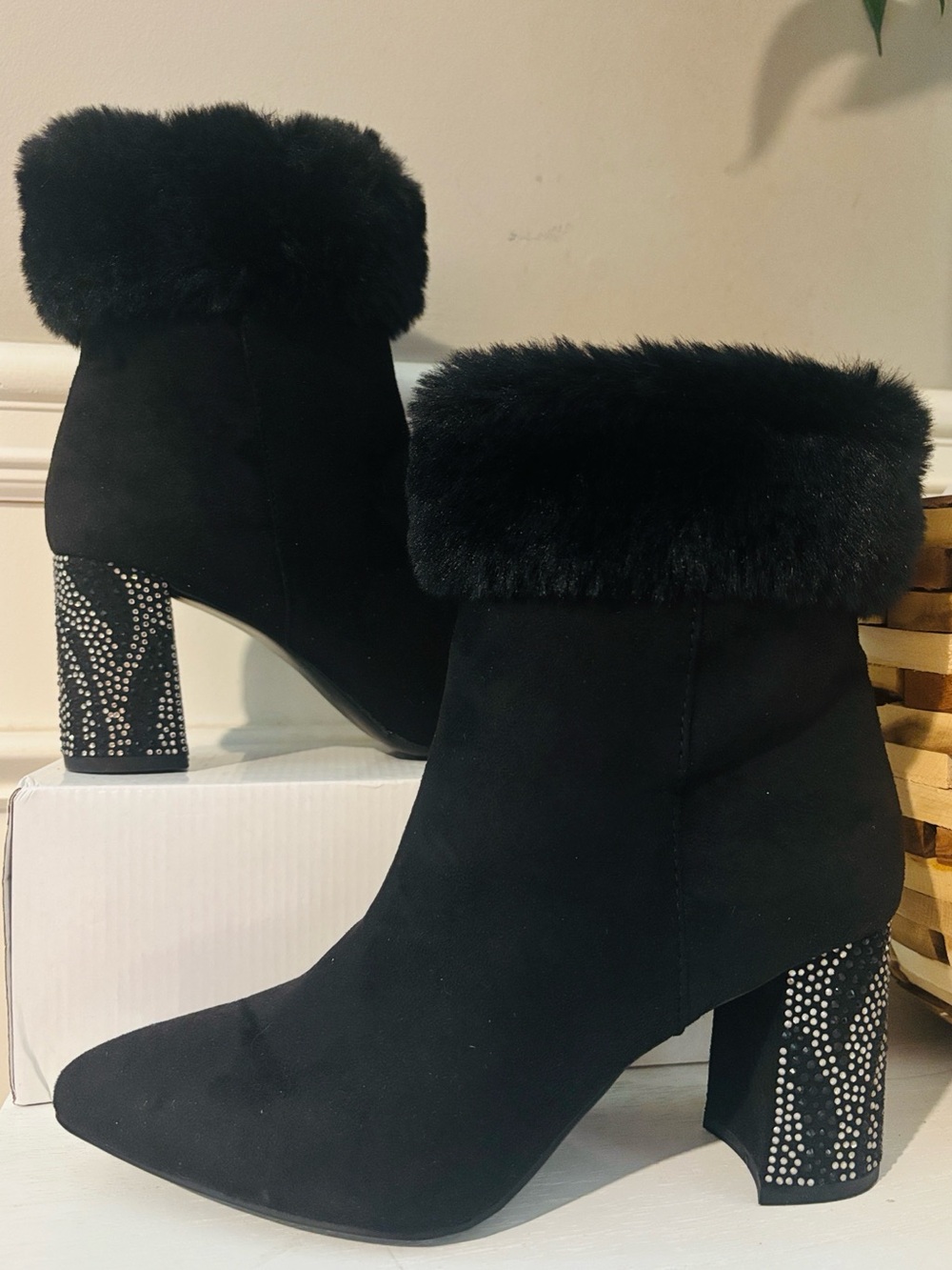 Impo Faux Fur Trim Black Women's Ankle Boots with Embellished Heel